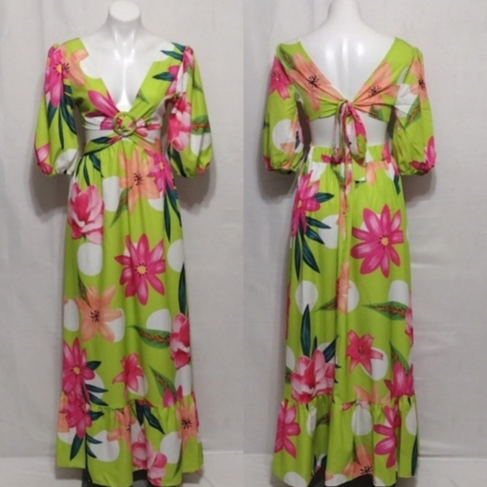 ChicMe Tropical Floral Maxi Dress Small Ring Front Cutout Open Back Double Slit